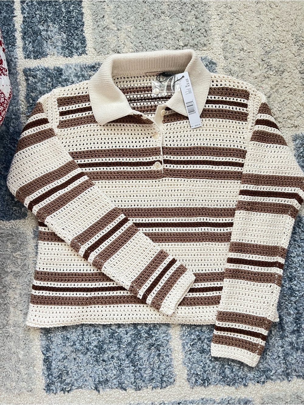 Elie Tahari Cream and Brown Striped knit Polo Sweater